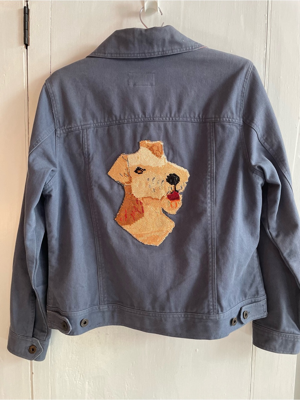 LL Bean Soft 100% Cotton Denim Trucker Jacket Handmade Needlepoint Terrier Dog